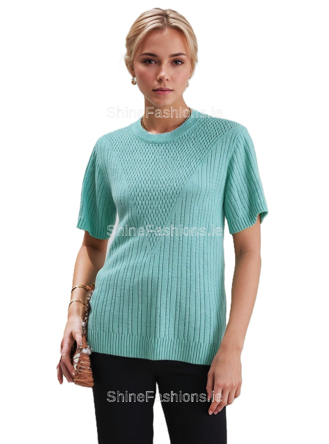 Mint Ribbed Design Short Sleeve Jumper