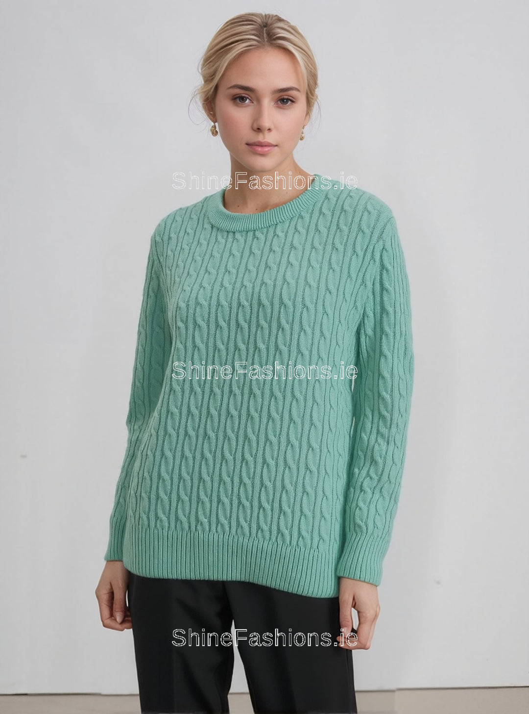Mint Round Neck Cable Knit Jumper