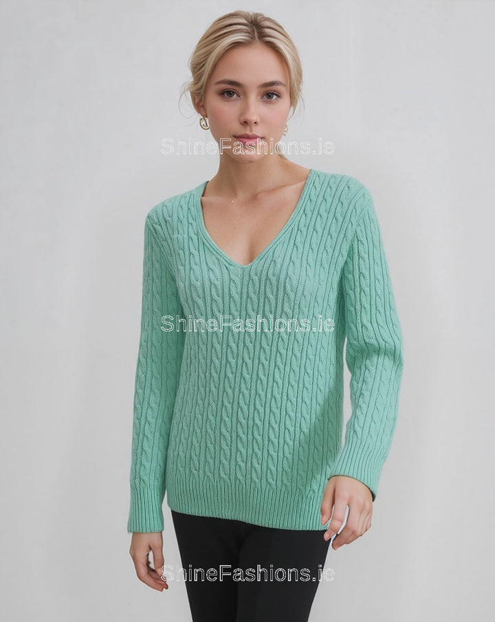 Mint V-Neck Cable Knit Jumper