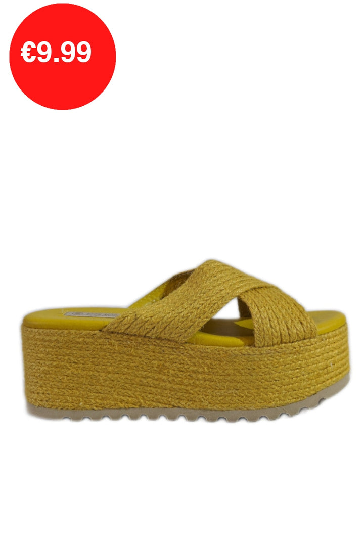 Mustard Jute Platform Crossover Mule Sandals