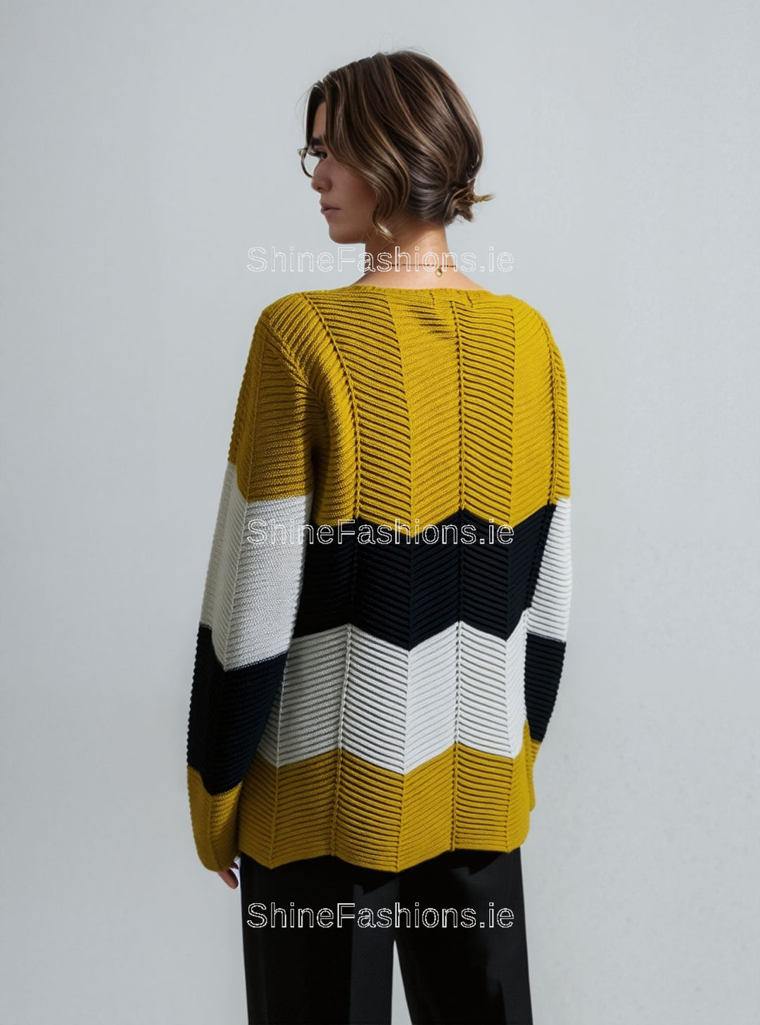 Mustard Three Tone Stripe Design Knitted Jumper