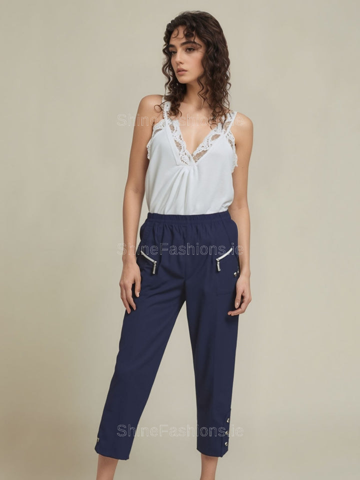 Navy Cotton Stretch Elasticated Waist Cropped Trouser