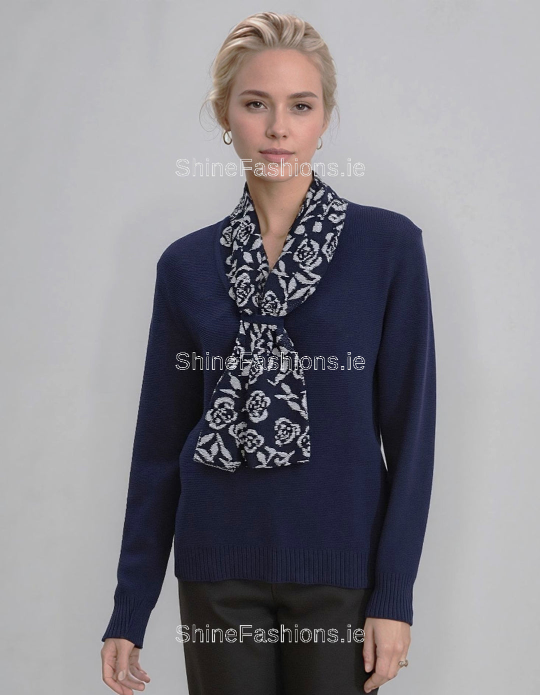 Navy Rose Print Scarf Detail Jumper