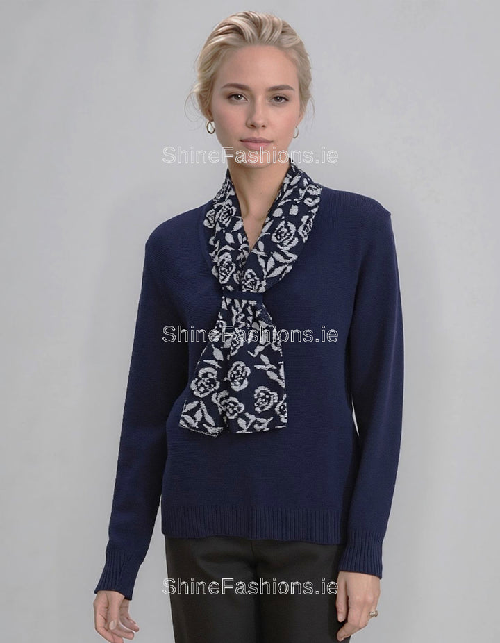 Navy Rose Print Scarf Detail Jumper