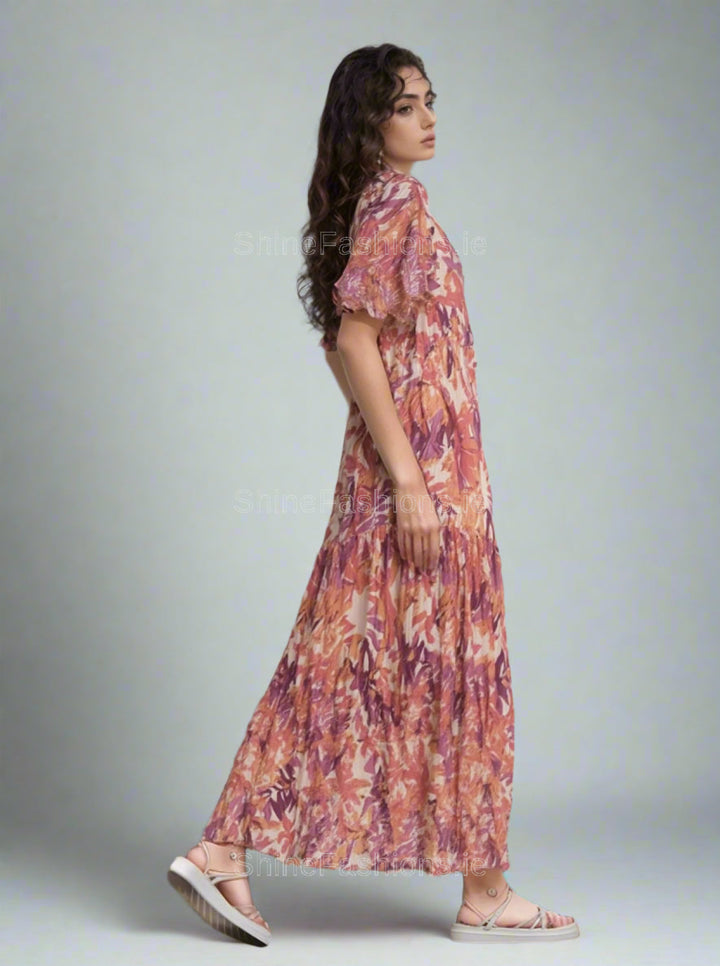 Orange & Pink Floral Print Midi Dress