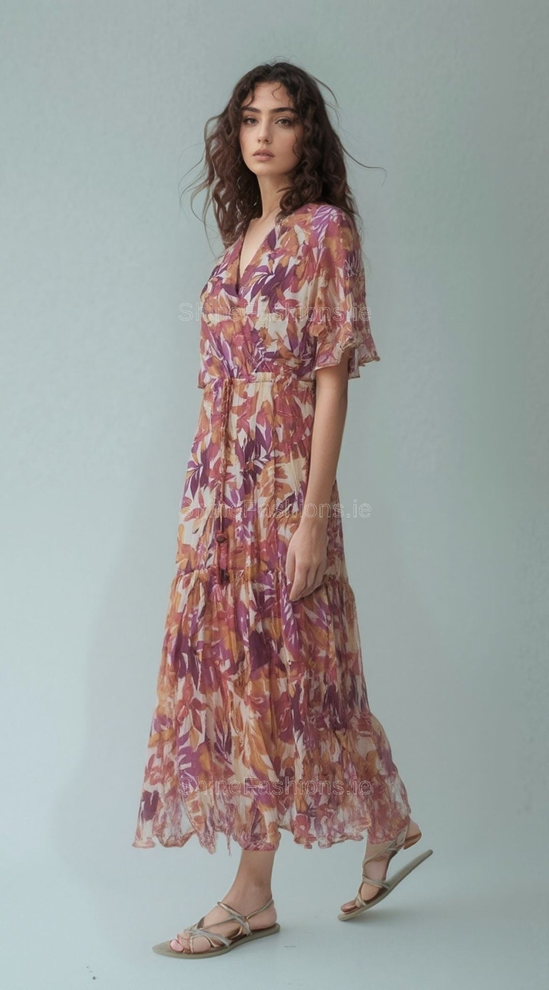 Orange & Pink Floral Print Midi Dress
