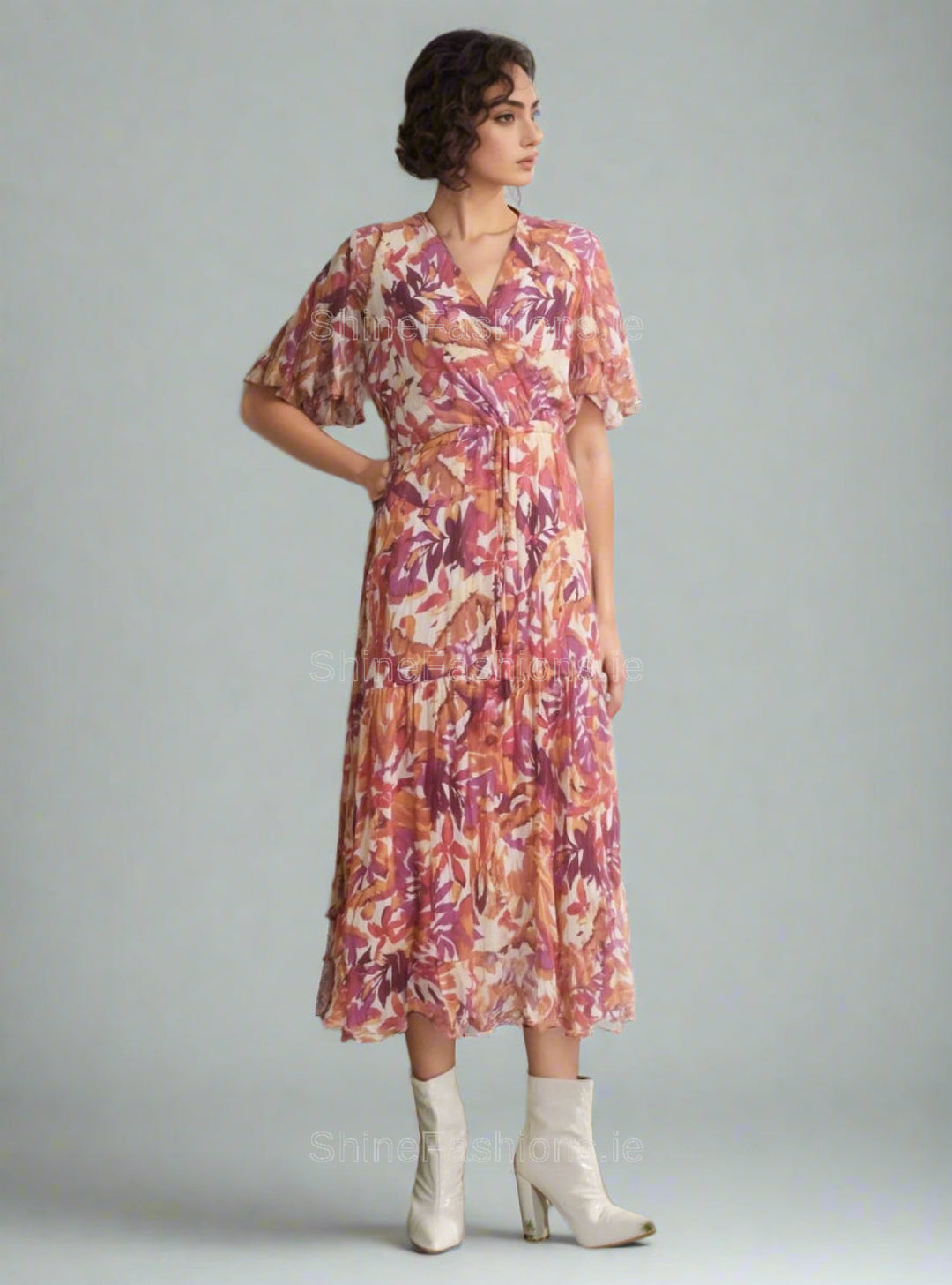 Orange & Pink Floral Print Midi Dress