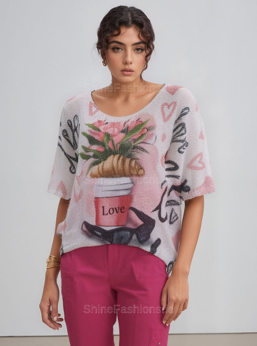 Pink Coffee Graphic Print Loose Fit Blouse