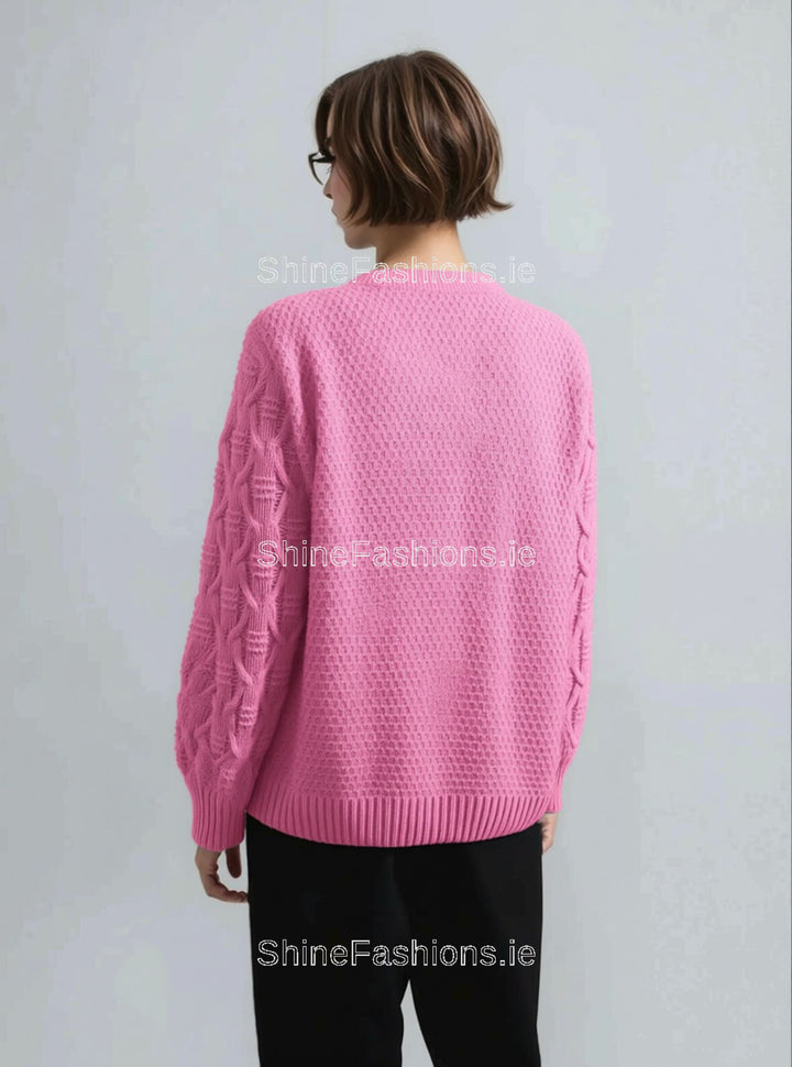 Pink Diamond Design Aran Style Round Neck Jumper