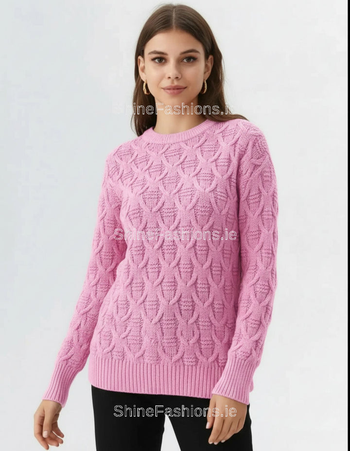 Pink Diamond Design Aran Style Round Neck Jumper
