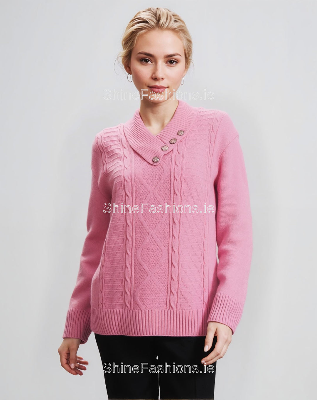Pink Four Button Cable Knit Jumper PLUS SIZE