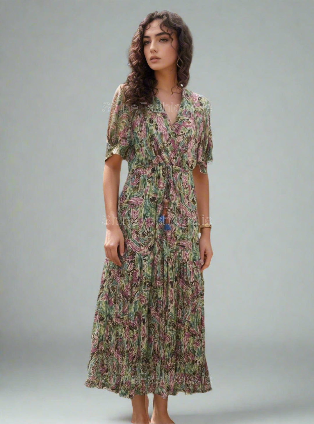 Pink & Green Floral Swirl Print Midi Dress