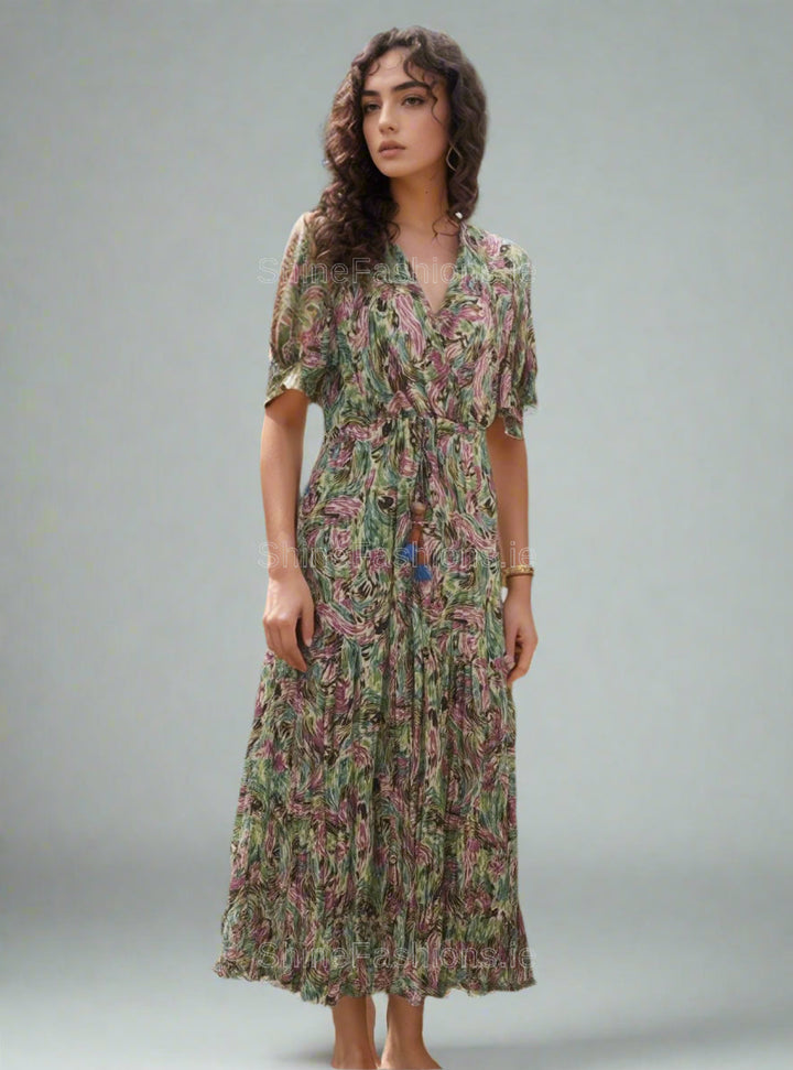 Pink & Green Floral Swirl Print Midi Dress