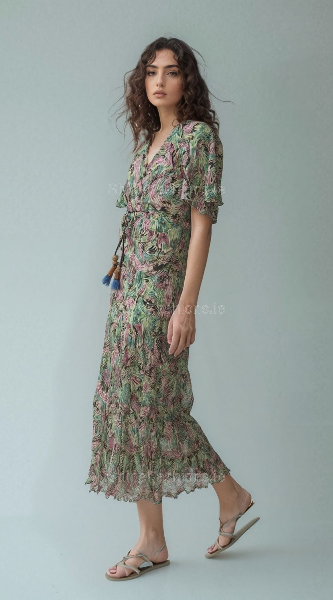 Pink & Green Floral Swirl Print Midi Dress