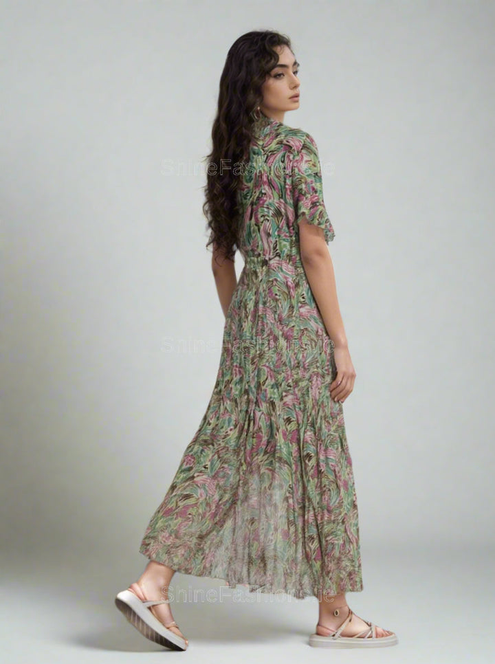 Pink & Green Floral Swirl Print Midi Dress