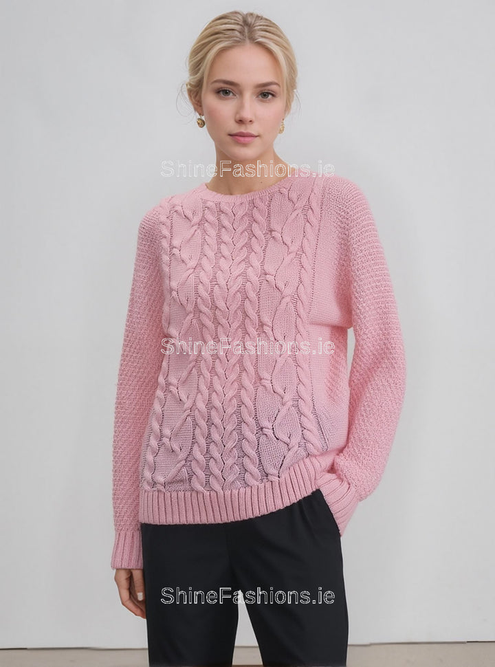 Pink Round Neck Cable Knit Aran Style Jumper