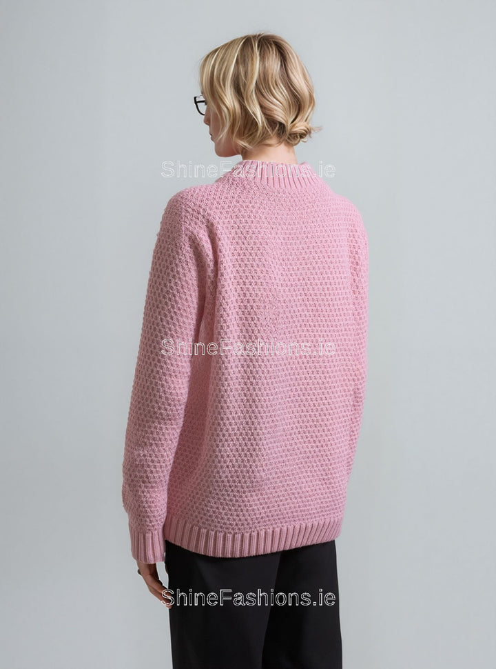 Pink Round Neck Cable Knit Aran Style Jumper