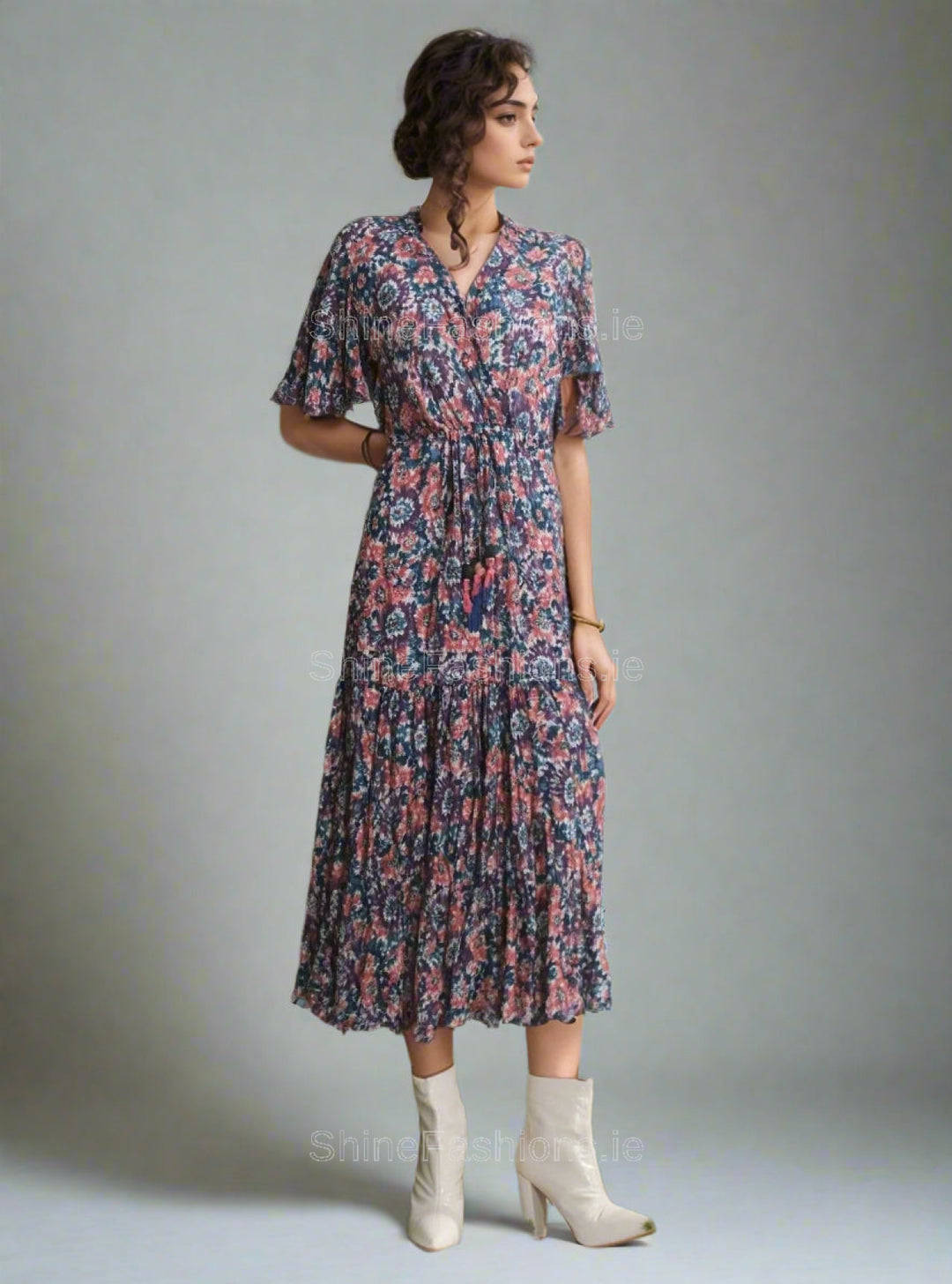 Purple & Orange Floral Pattern Midi Dress