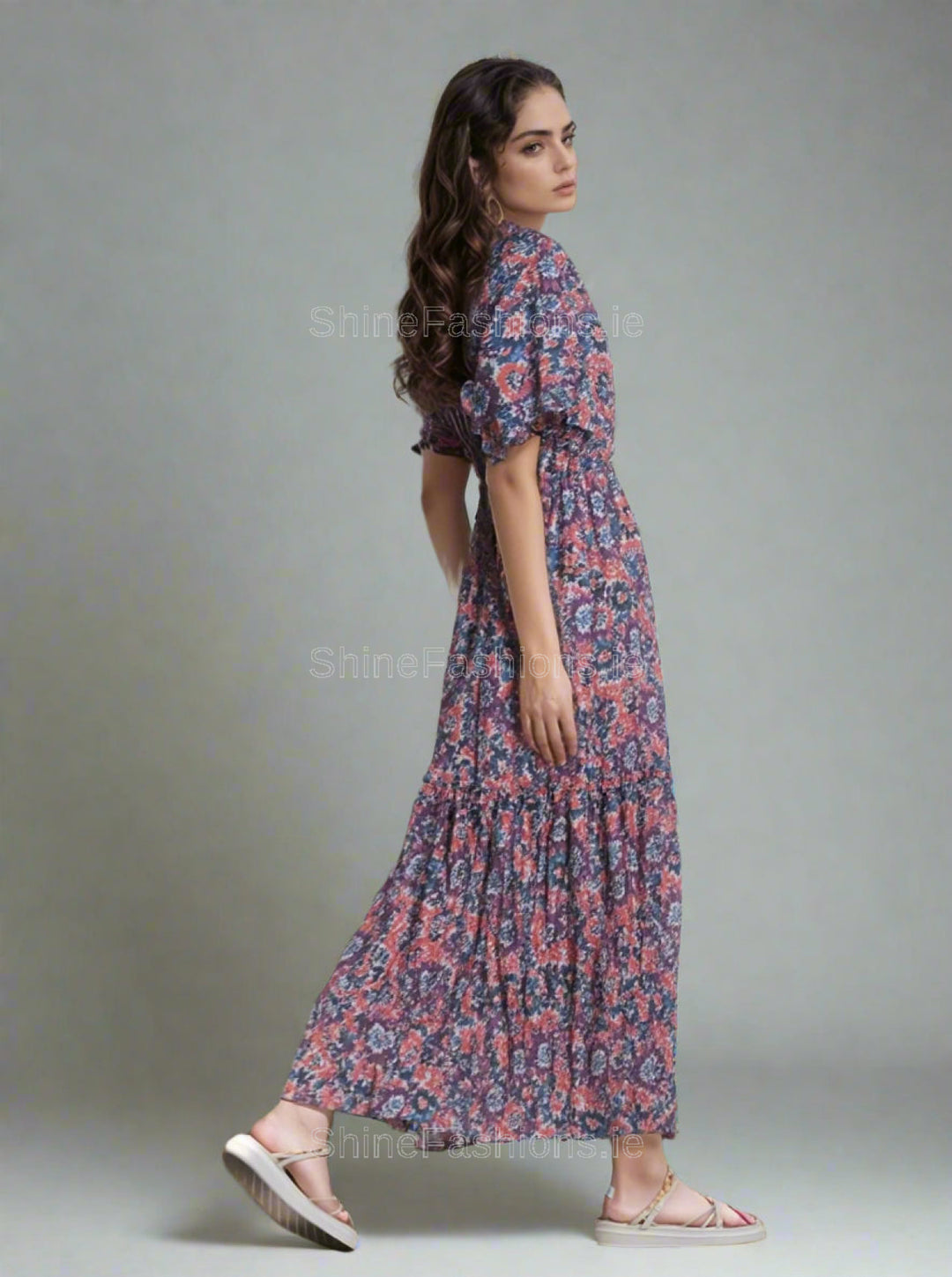 Purple & Orange Floral Pattern Midi Dress