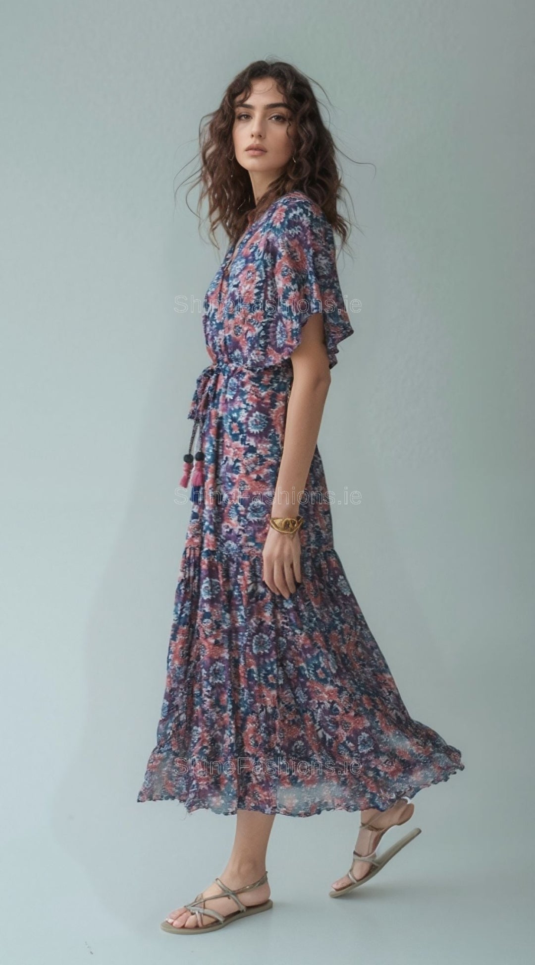 Purple & Orange Floral Pattern Midi Dress