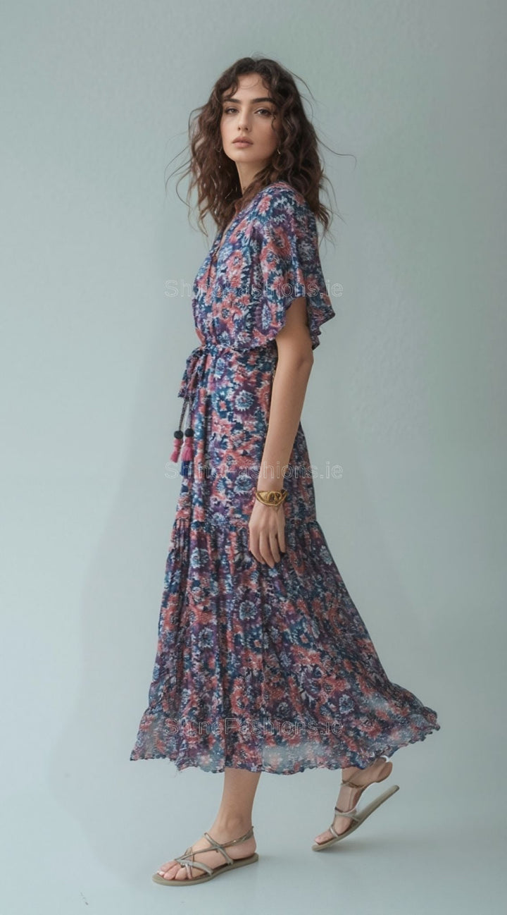 Purple & Orange Floral Pattern Midi Dress