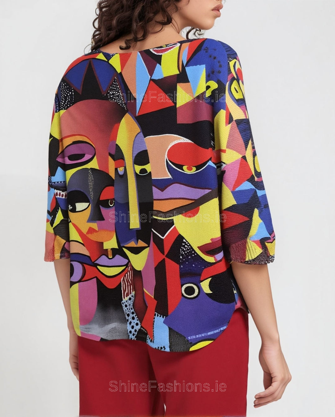 Red Abstract Face Graphic Print Loose Fit Blouse One Size (Sizes 12-18)