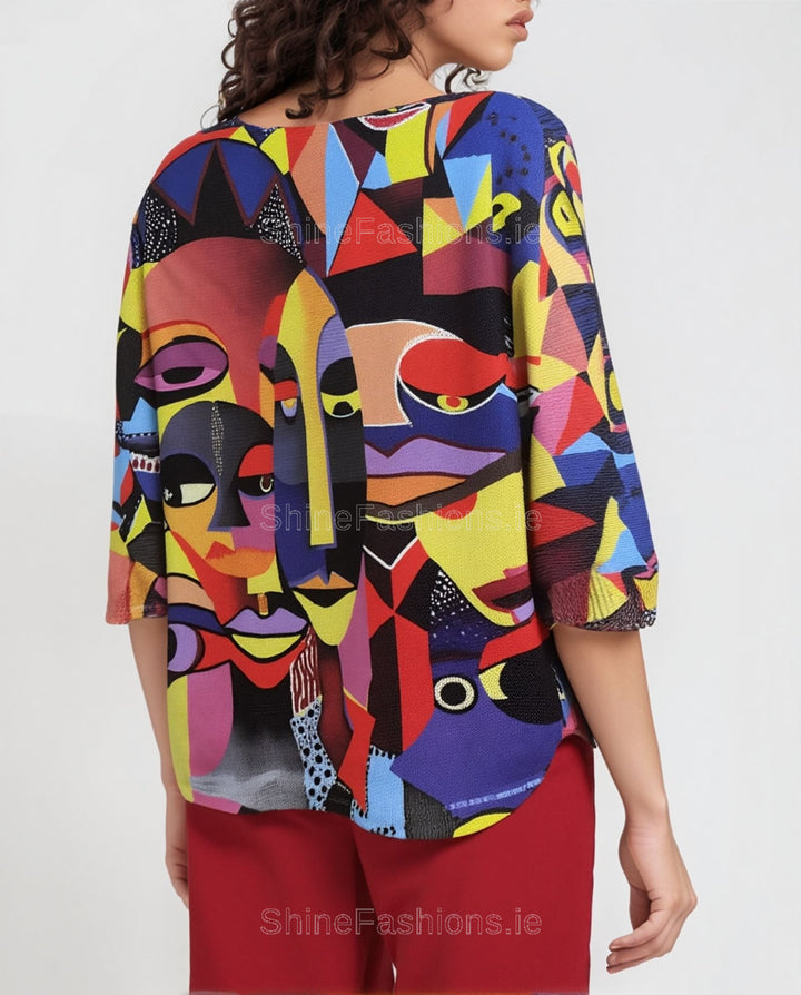 Red Abstract Face Graphic Print Loose Fit Blouse One Size (Sizes 12-18)