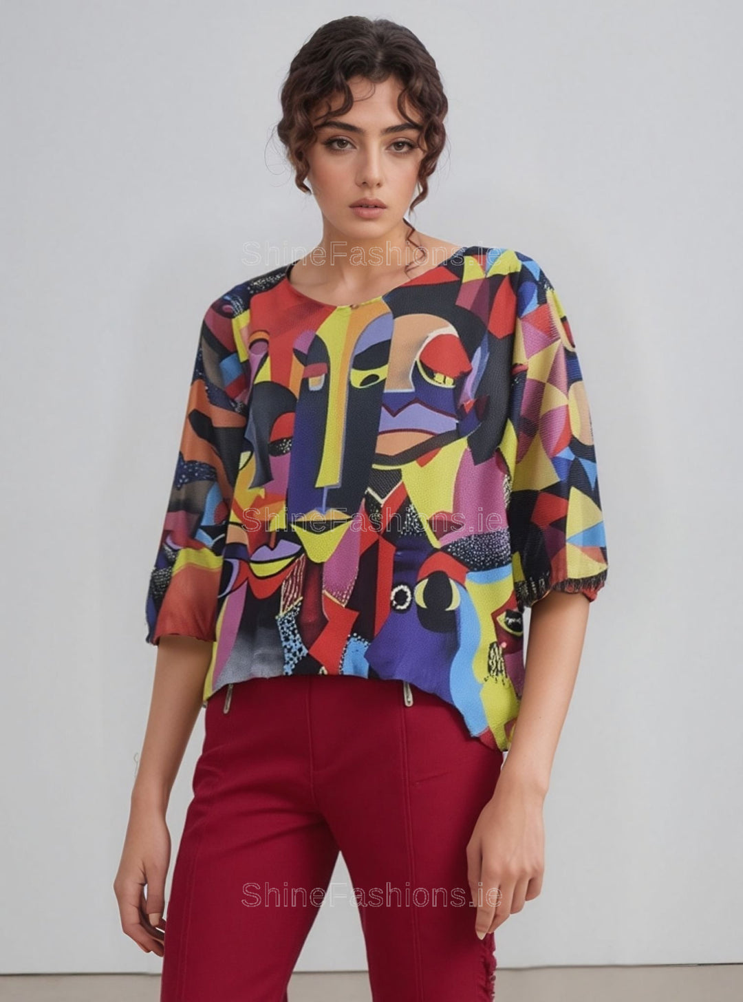 Red Abstract Face Graphic Print Loose Fit Blouse One Size (Sizes 12-18)