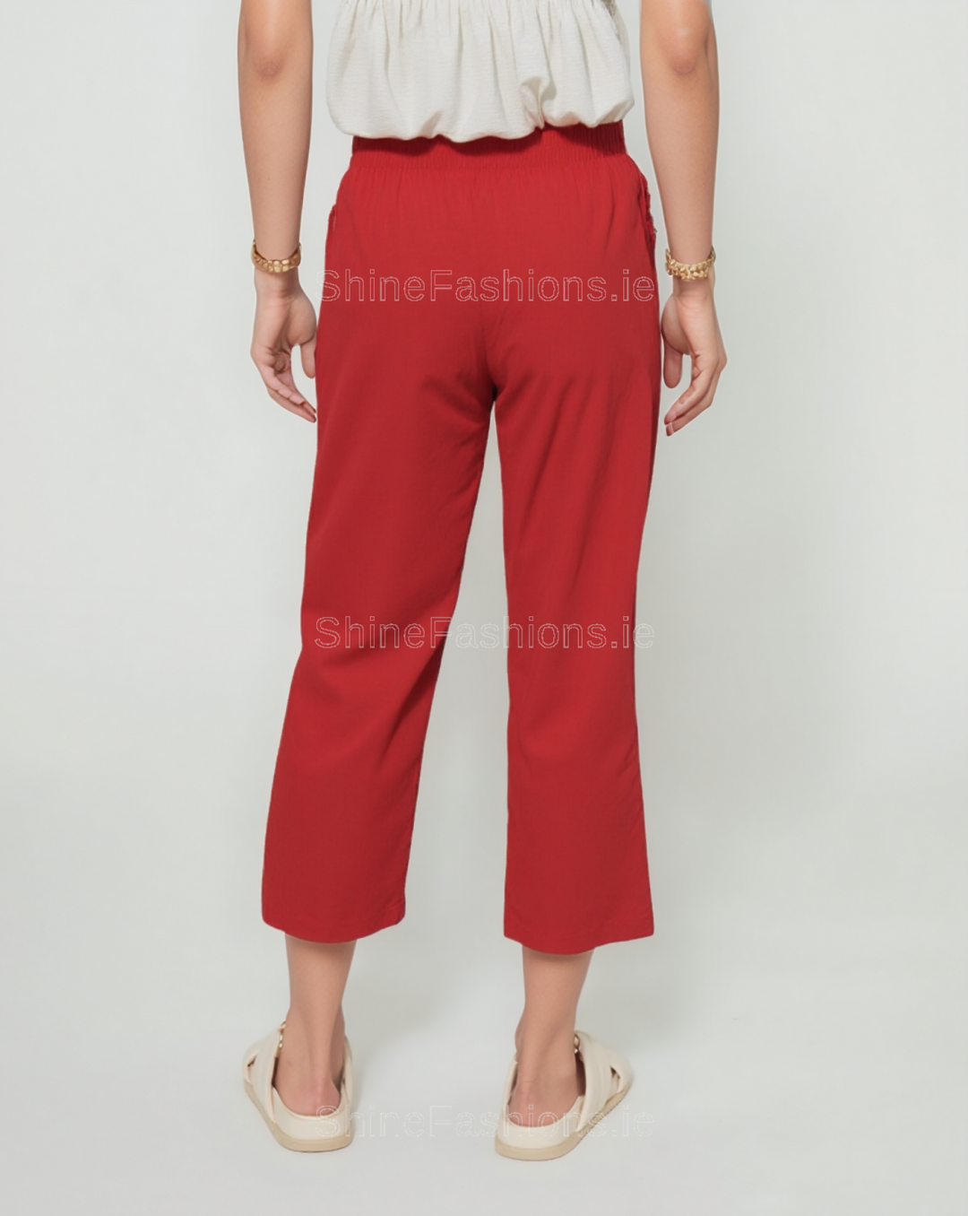 Red Cotton Stretch Elasticated Waist Cropped Trouser