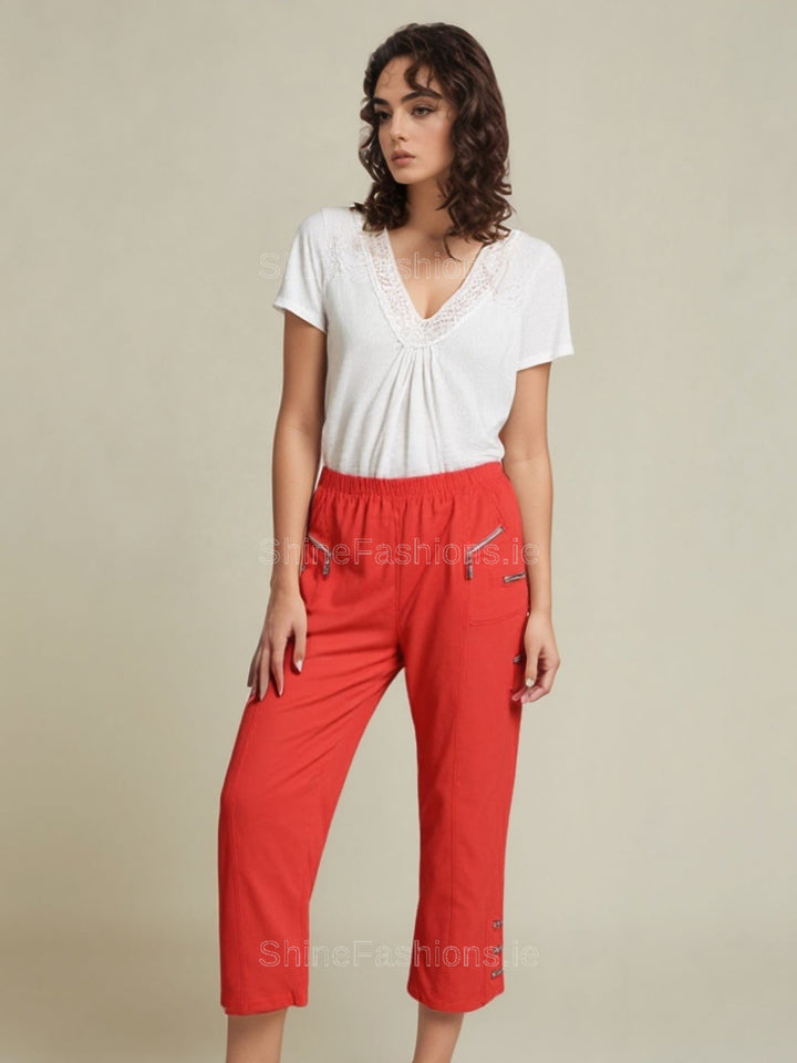 Red Cotton Stretch Elasticated Waist Cropped Trouser