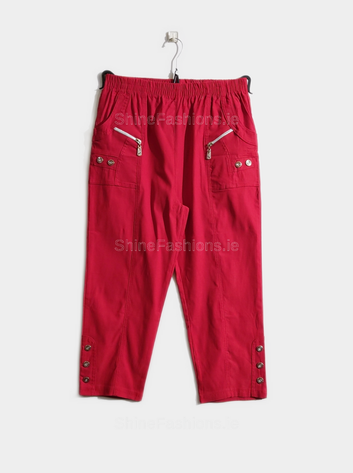 Red Cotton Stretch Elasticated Waist Cropped Trouser