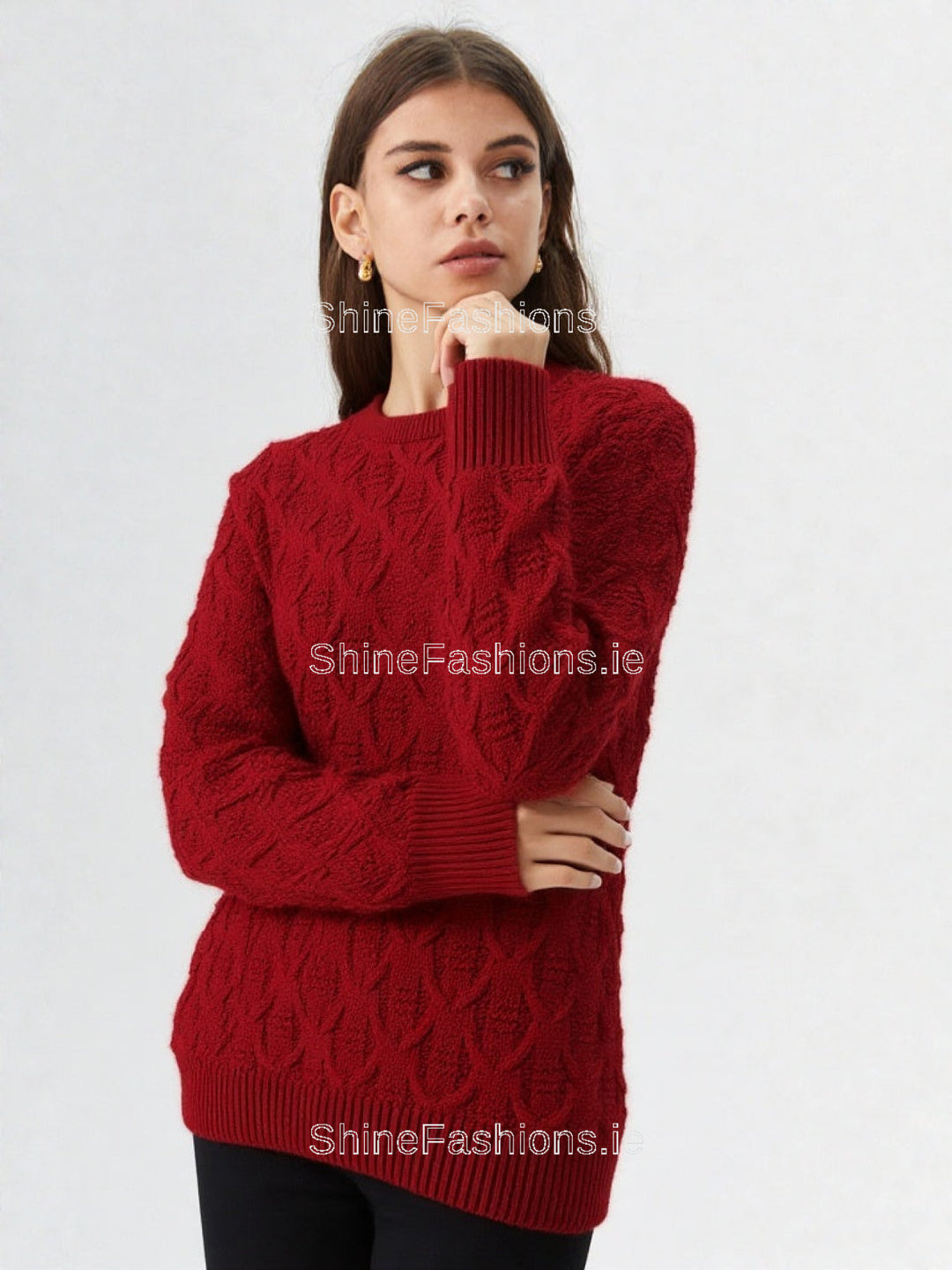 Red Diamond Design Aran Style Round Neck Jumper