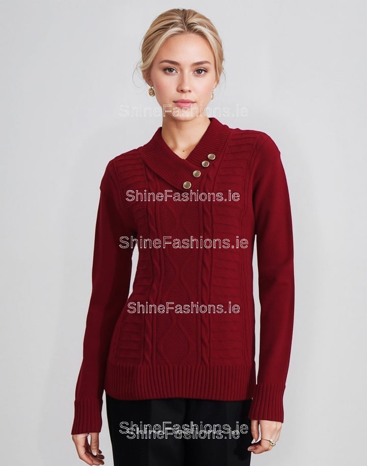 Red Four Button Cable Knit Jumper