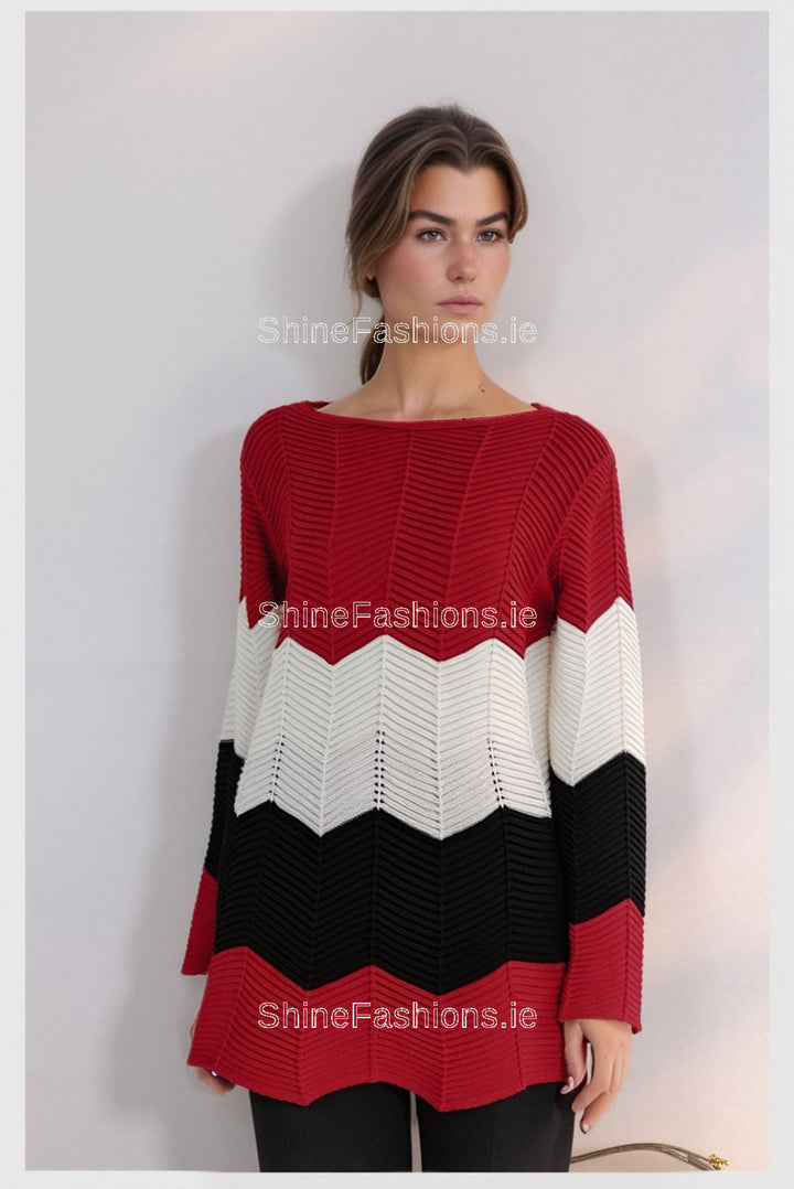 Red Three Tone Stripe Design Knitted Jumper