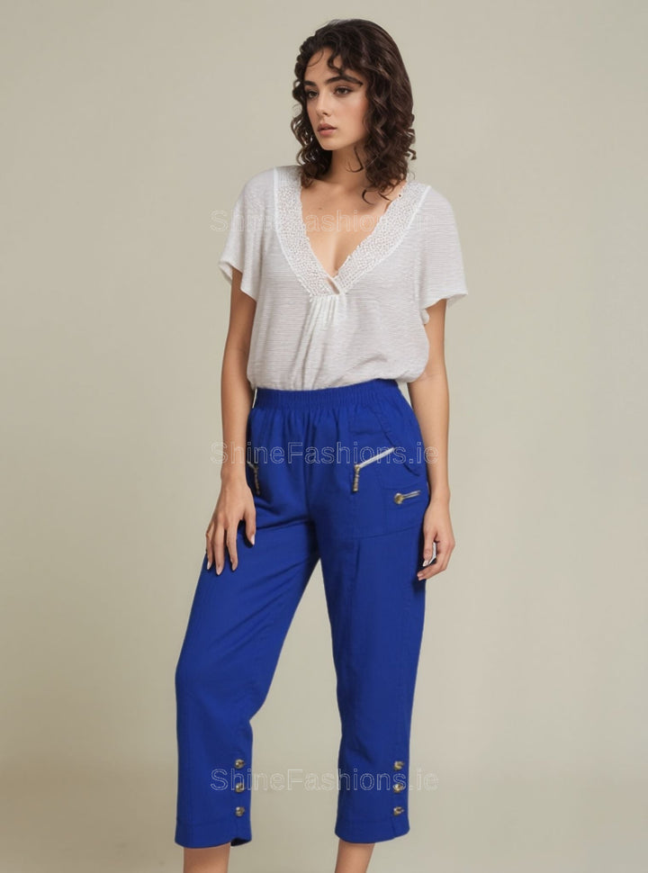 Royal Blue Cotton Stretch Elasticated Waist Cropped Trouser