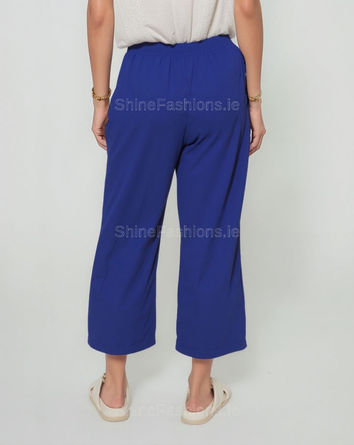 Royal Blue Cotton Stretch Elasticated Waist Cropped Trouser