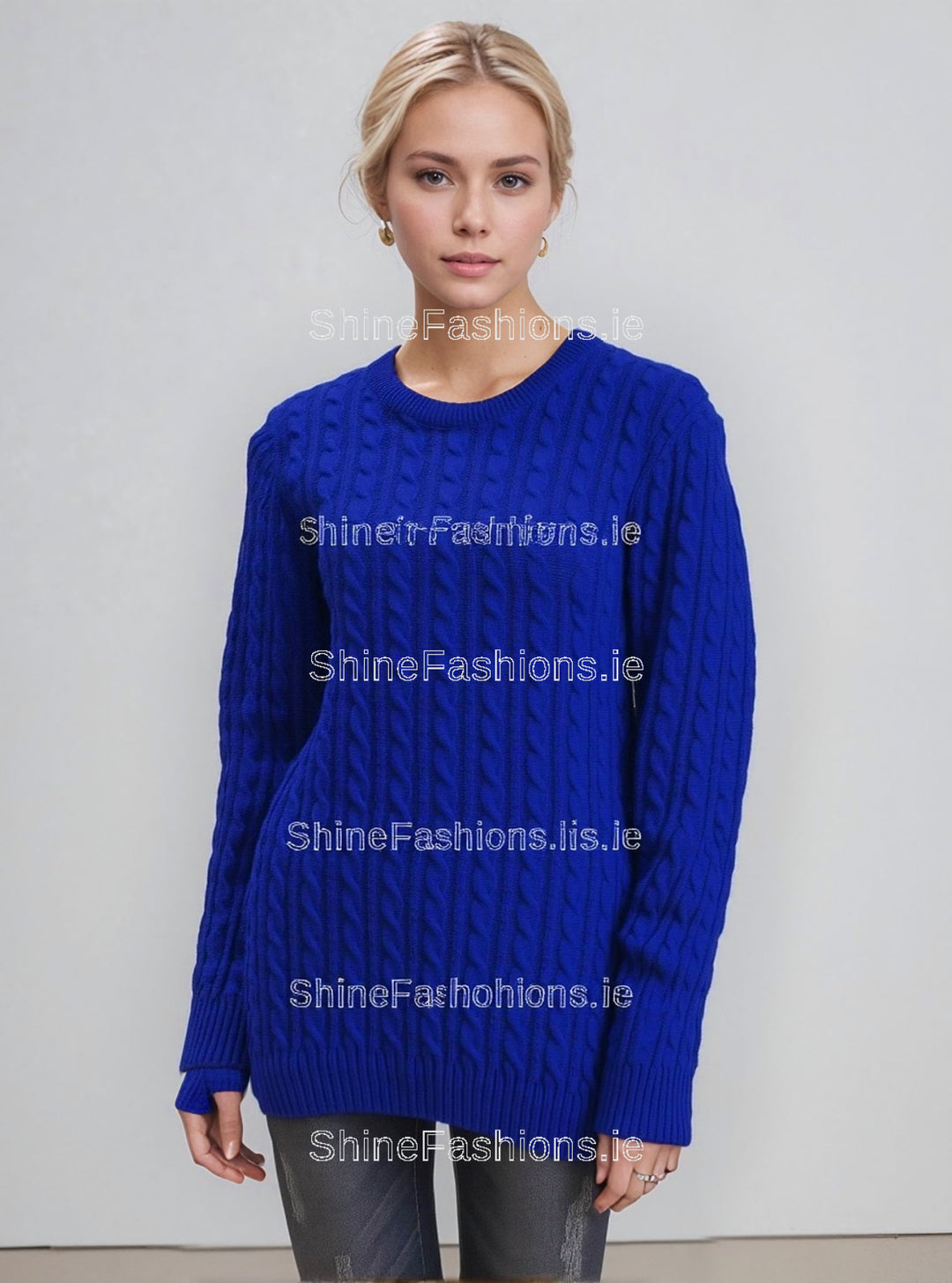 Royal Blue Round Neck Cable Knit Jumper