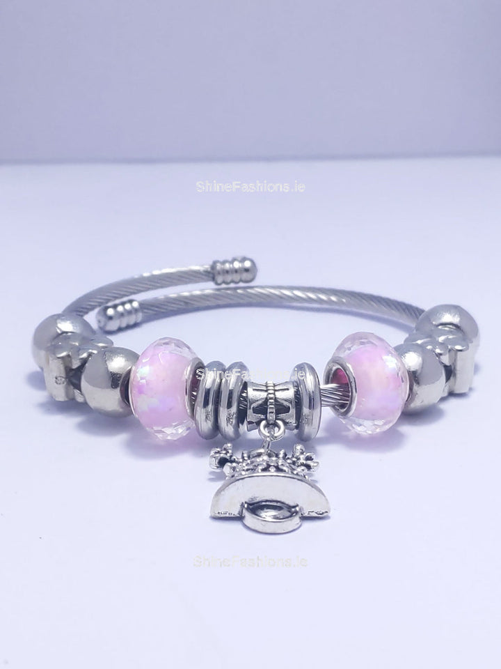 Silver Pink Bell Beaded Charm Bracelet