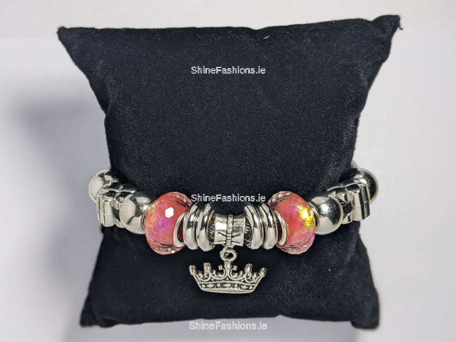 Silver Pink Crown Multicolor Charm Bracelet