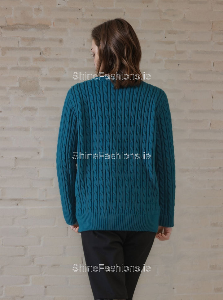 Teal Round Neck Cable Knit Jumper