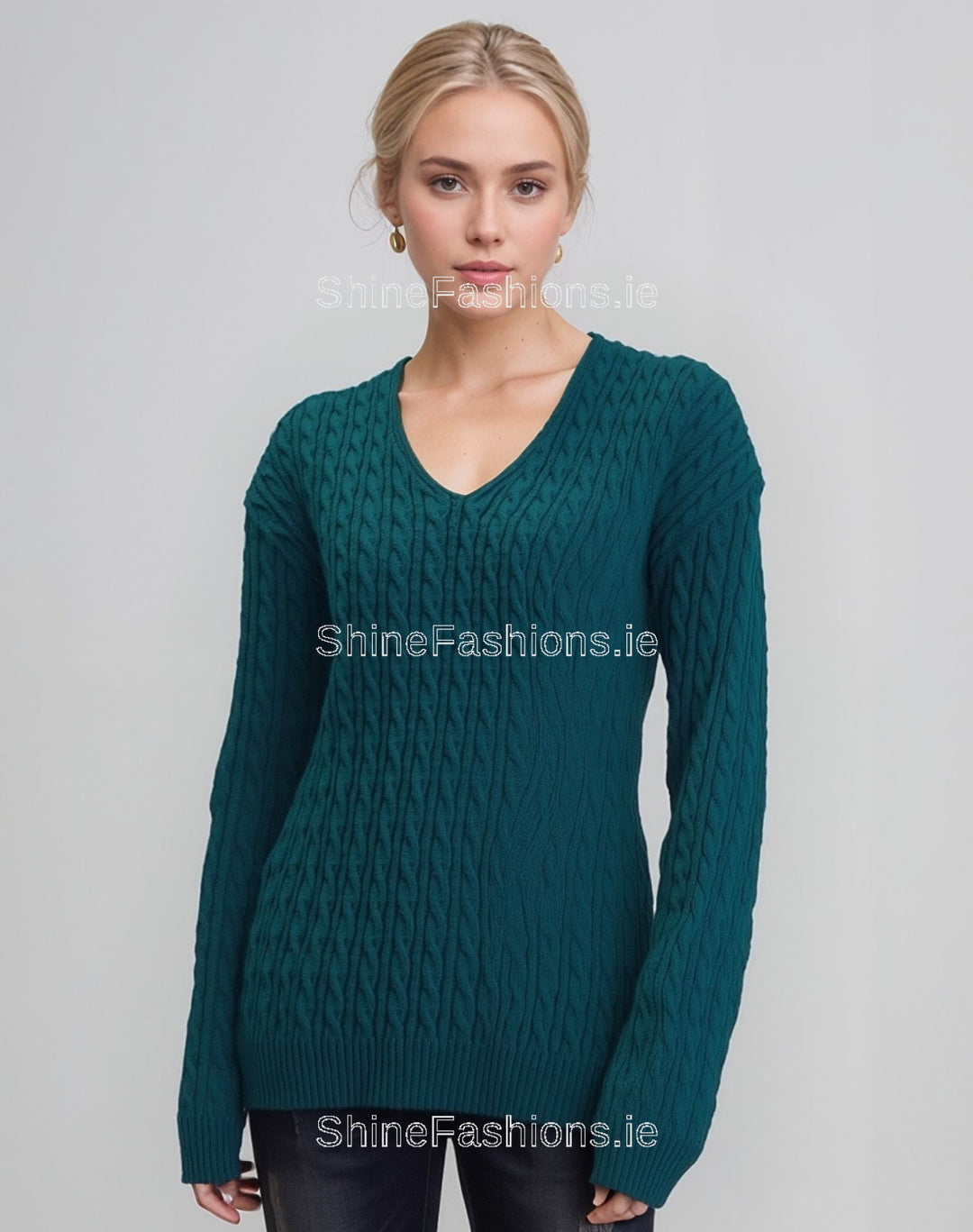 Teal V-Neck Cable Knit Jumper