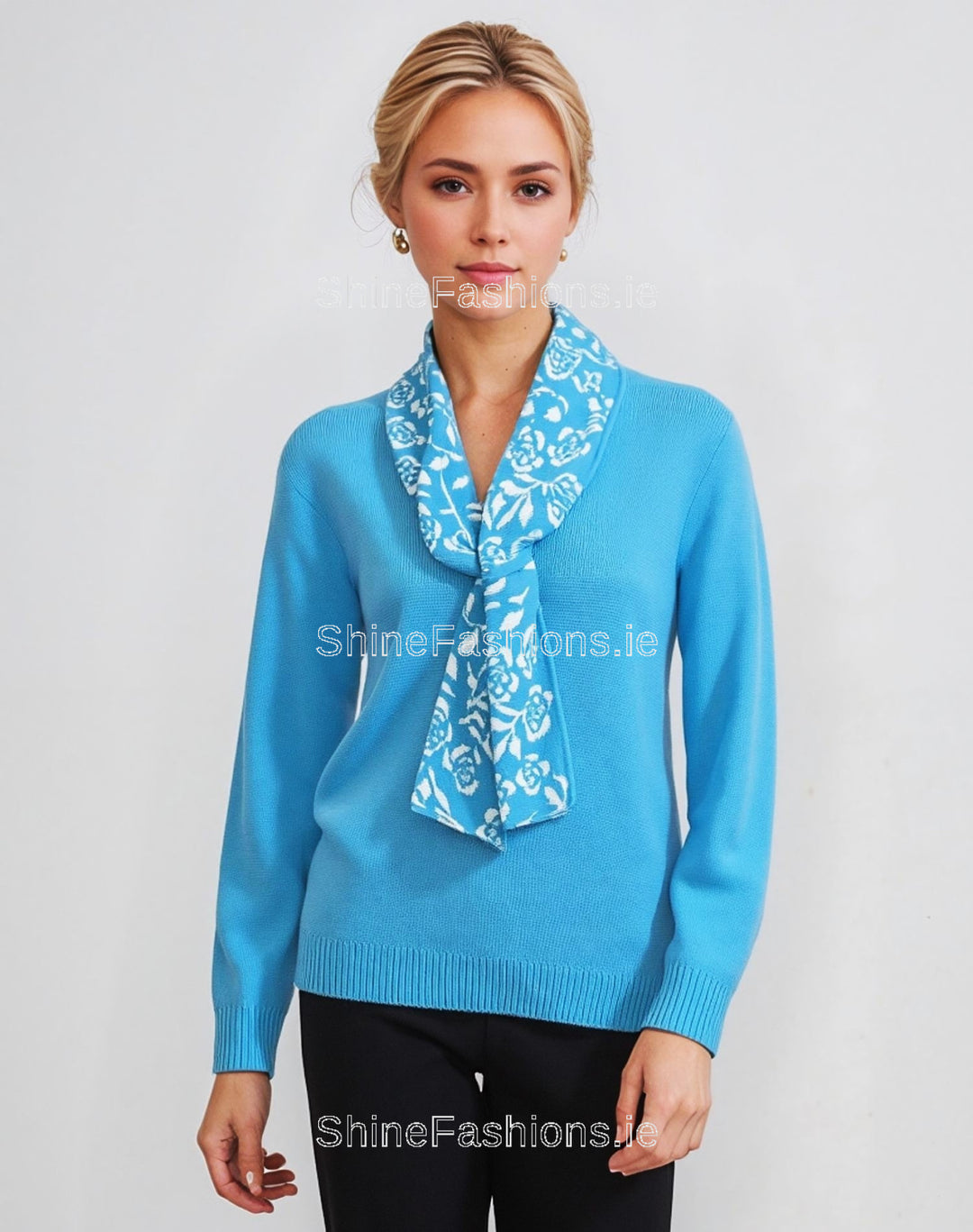 Turquoise Rose Print Scarf Detail Jumper