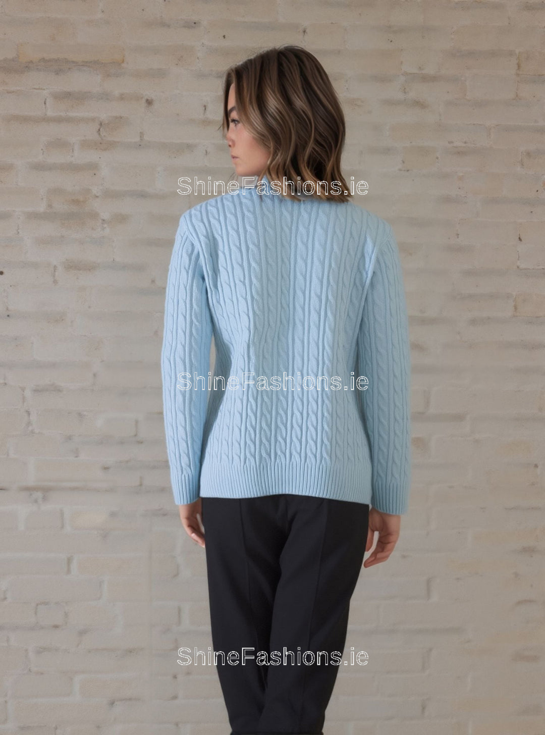 Turquoise Round Neck Cable Knit Jumper