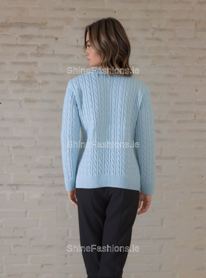 Turquoise Round Neck Cable Knit Jumper