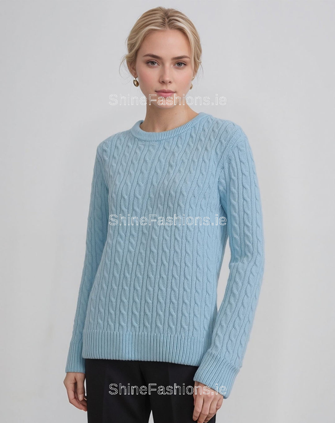 Turquoise Round Neck Cable Knit Jumper