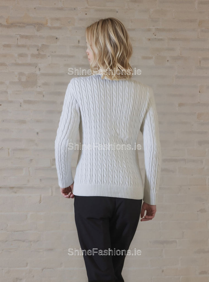 White V-Neck Cable Knit Jumper
