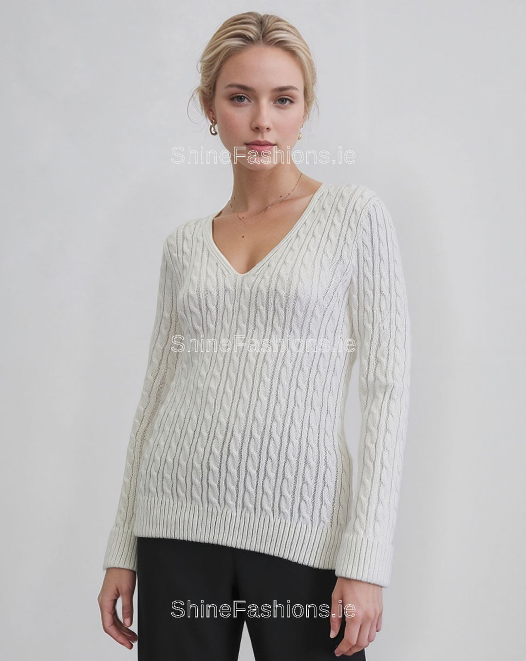 White V-Neck Cable Knit Jumper