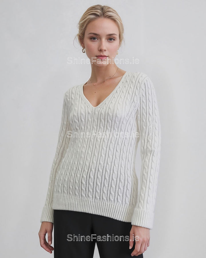White V-Neck Cable Knit Jumper