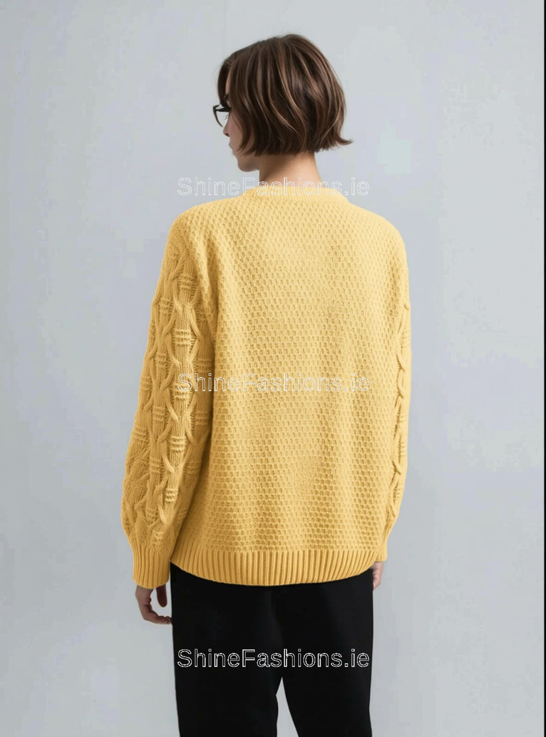 Yellow Diamond Design Aran Style Round Neck Jumper