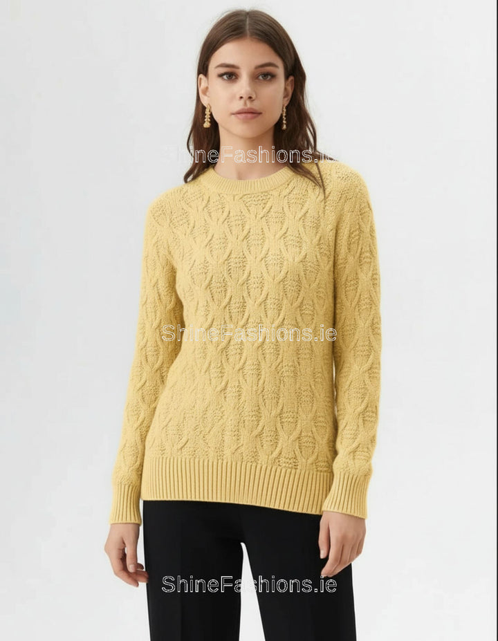 Yellow Diamond Design Aran Style Round Neck Jumper